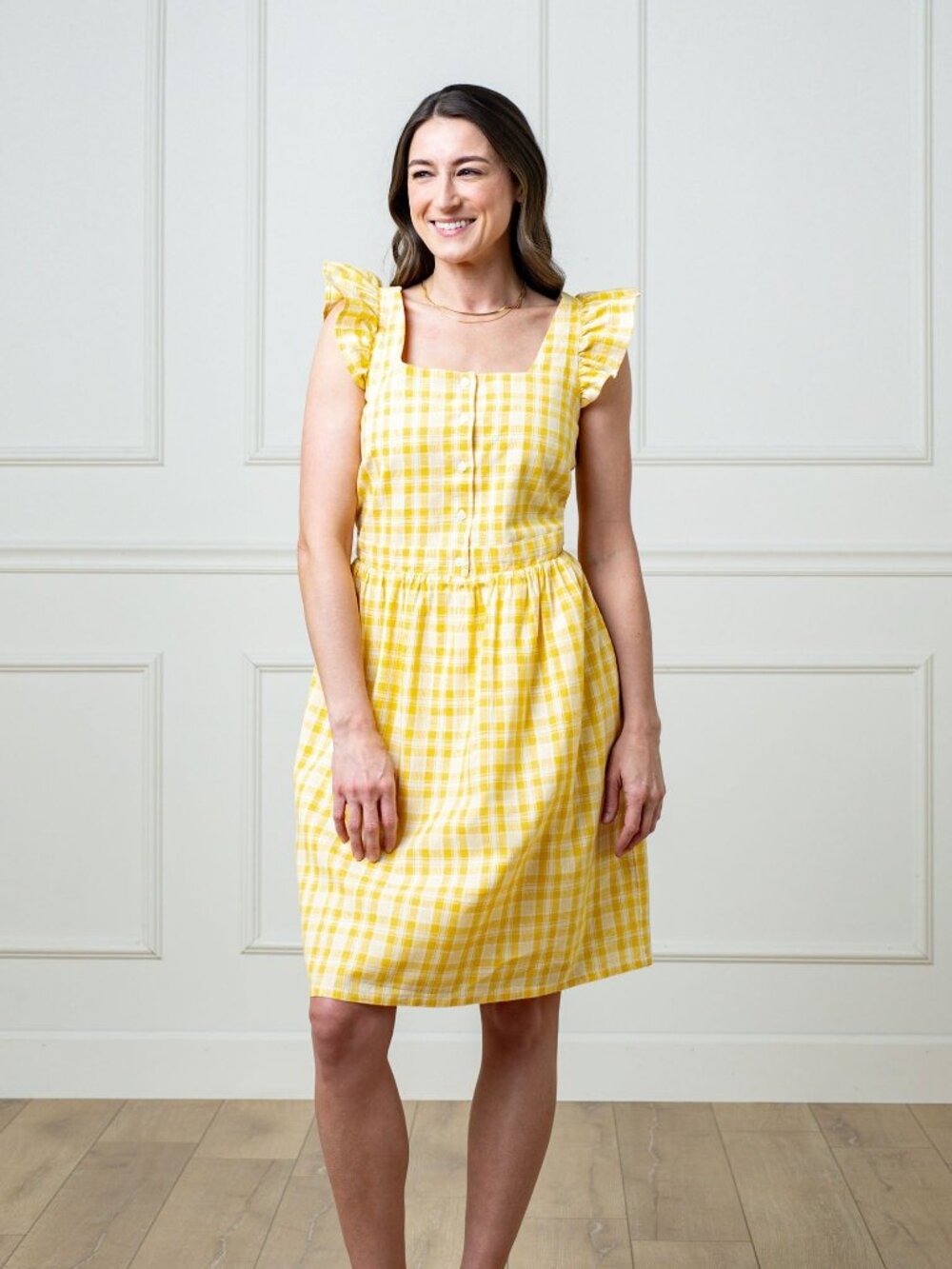 Hope & Henry Flutter Sleeve Sun Dress - Yellow Plaid Linen